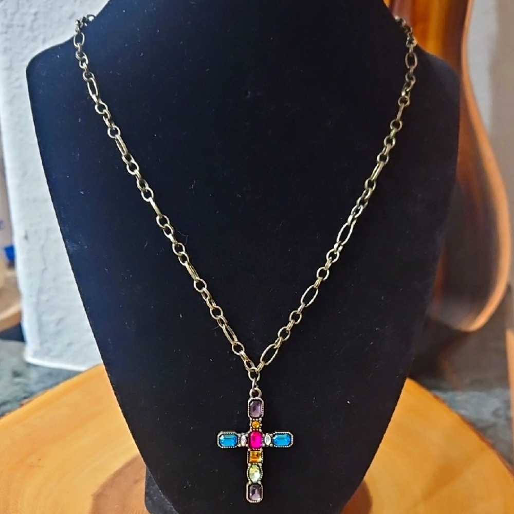 Handcrafted Crystal Cross Pendant Necklace With 18in Rustic Cable Chain.